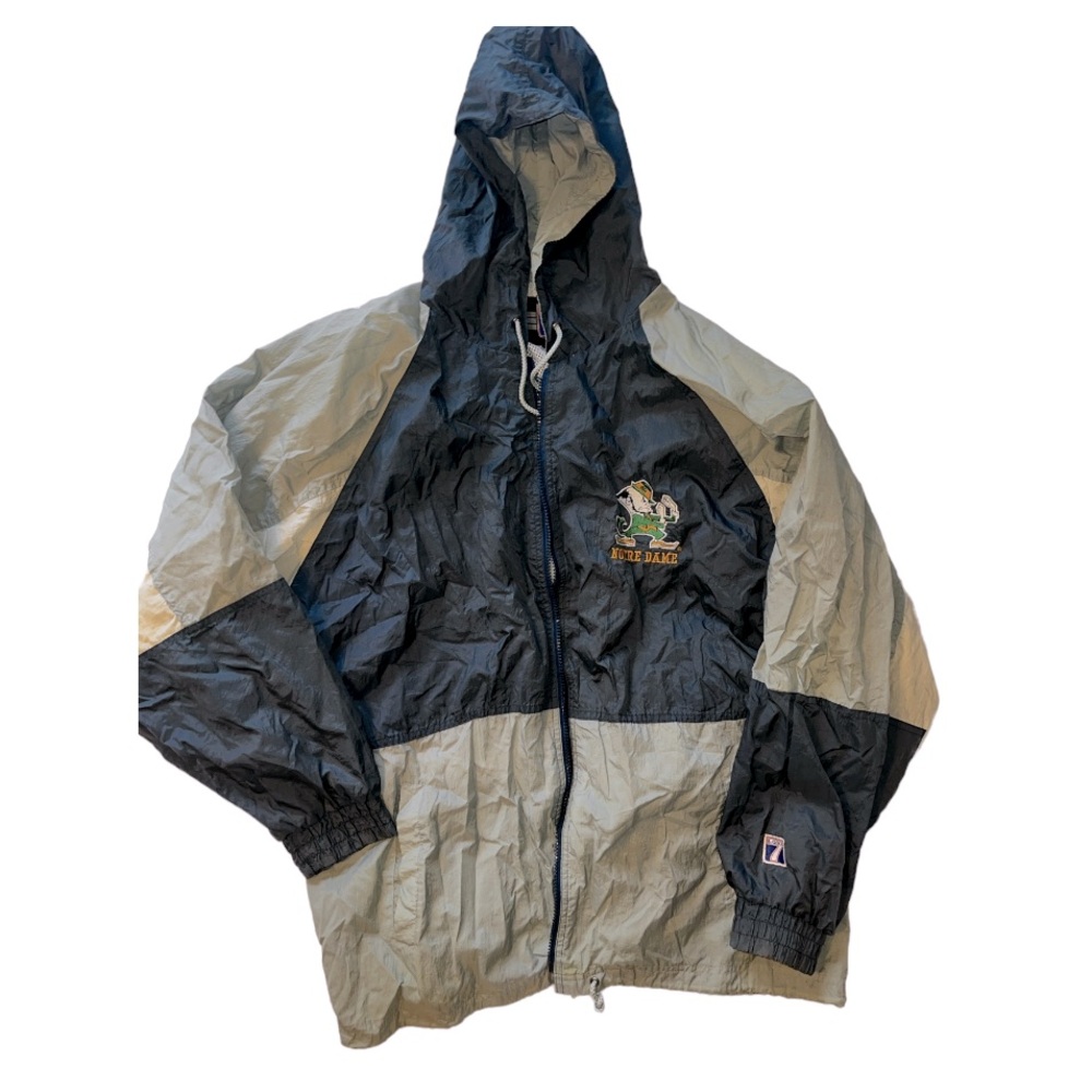 Vintage Logo 7 Notre Dame Windbreaker Hooded Jacket Navy Colorblock XXL